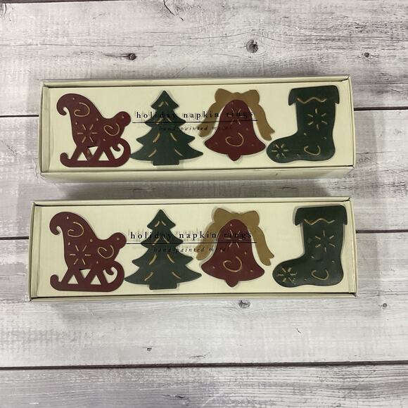Pier One Holiday Napkin Rings 2 Sets Metal Christmas Stocking Sled Bell Tree - Picture 1 of 7